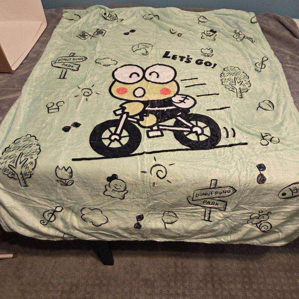 Sanrio Keroppi Throw Blanket New 38x52" Let's Go Bicycle Frog To Donut Pond Park